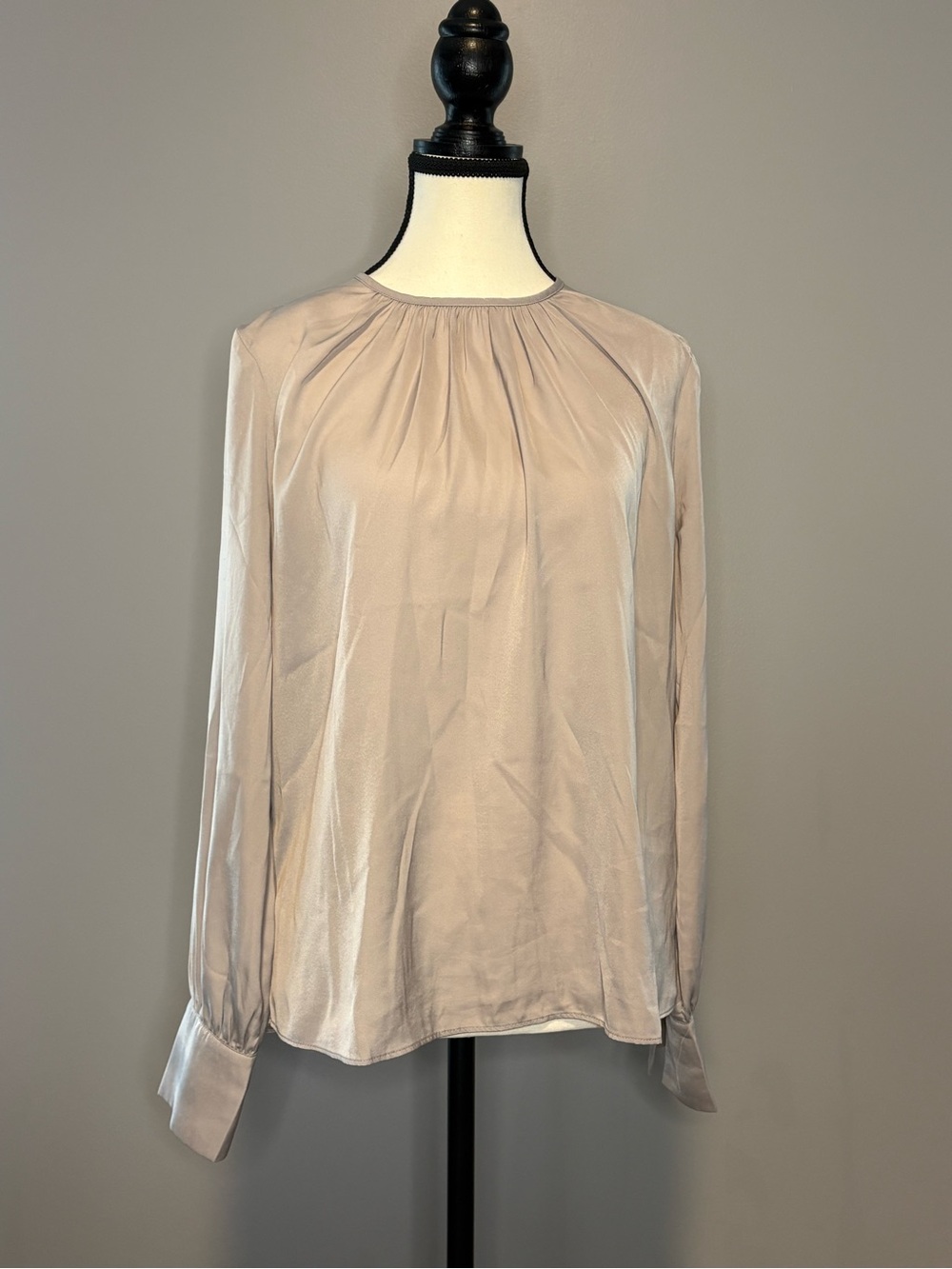 H&M Taupe Long-Sleeve Gathered Neck Blouse size S